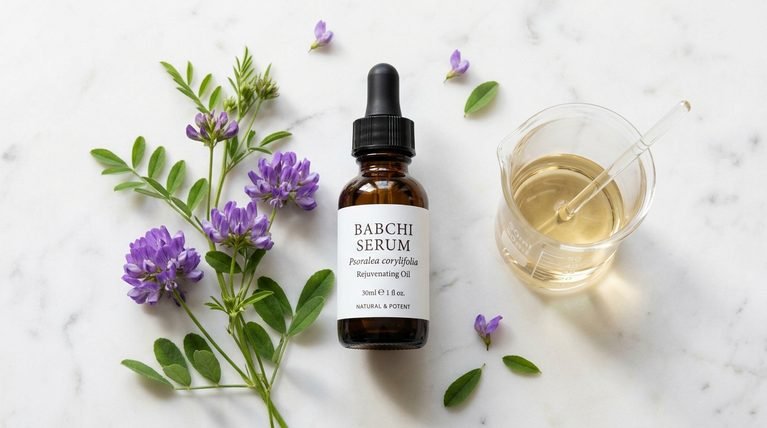 Dark amber serum bottle sitting beside purple babchi flowers and a glass beaker on white marble, 16:9 frame.