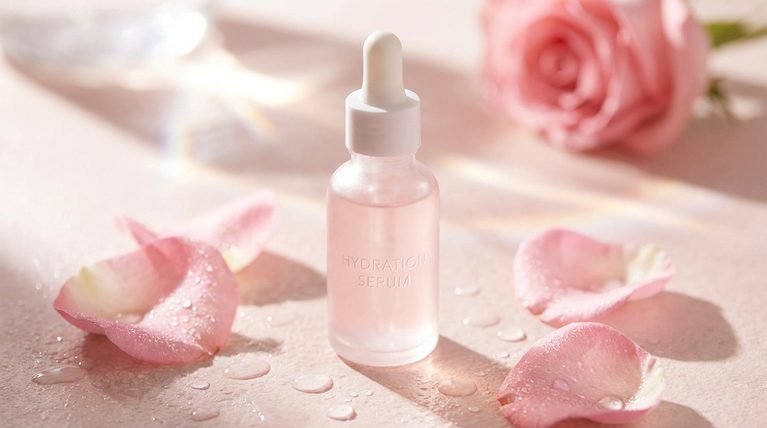 A glass bottle of pale pink hydration serum surrounded by water drops