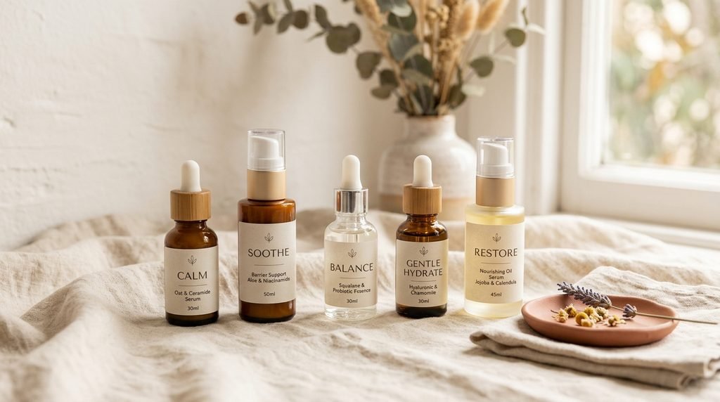 Skincare serum bottles resting gracefully on soft neutral linen fabric