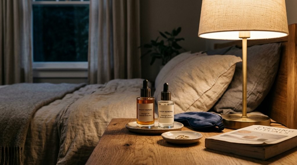 Two minimalist skincare bottles sitting on a nightstand under soft evening light.