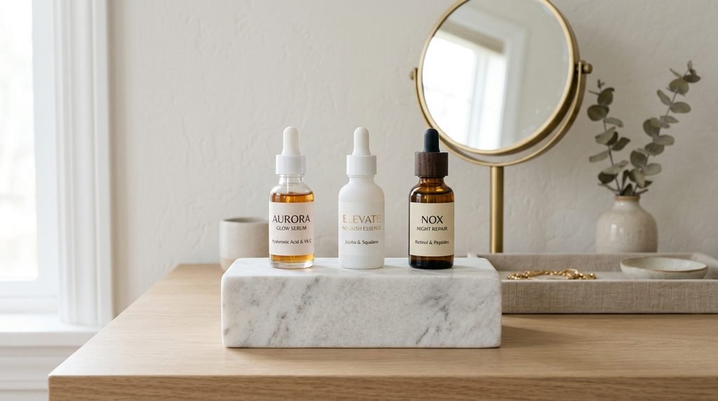 Three simple serum dropper bottles standing neatly on a white stone pedestal.