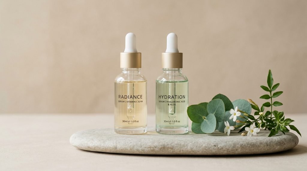 Two skincare serum dropper bottles placed on a stone slab with natural botanical accents.