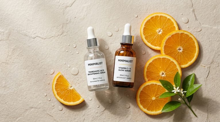 Two serum bottles side by side with fresh orange slices on a light slate
