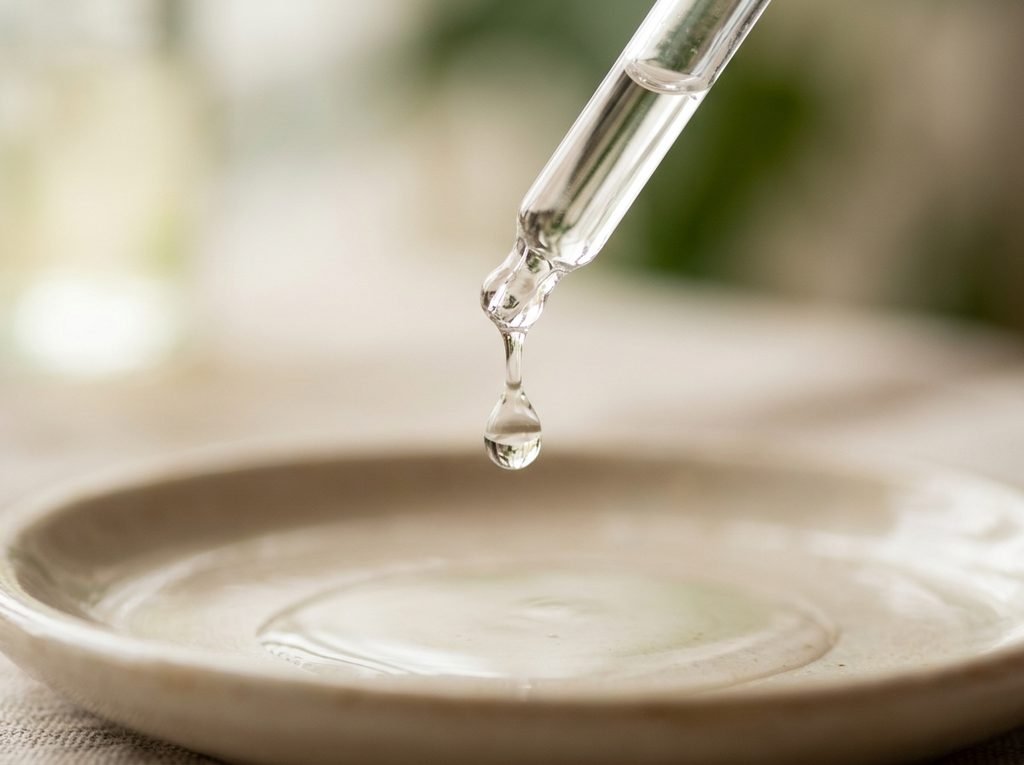 Macro shot of a serum droplet falling from a dropper illustrating skincare formulation