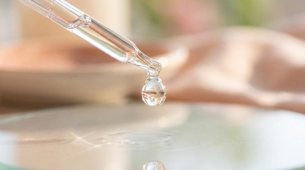 Close-up view of a clear liquid serum droplet falling from a glass pipette onto clean glass.