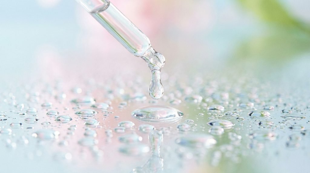 Hydrating serum droplet placed over a surface covered in water drops, wide shot.