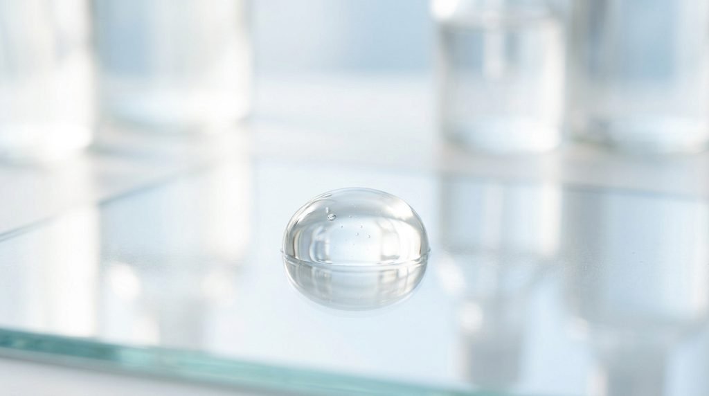Macro view of a single clear liquid serum droplet on a pristine glass surface.
