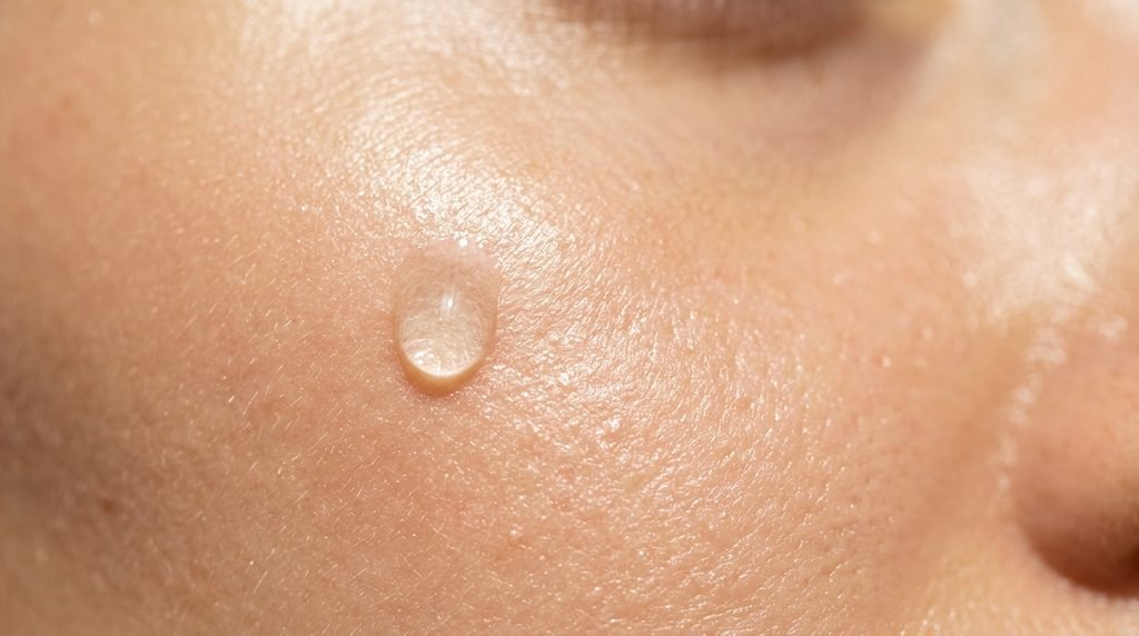 Macro shot of a clear liquid droplet landing on clean, smooth human skin.