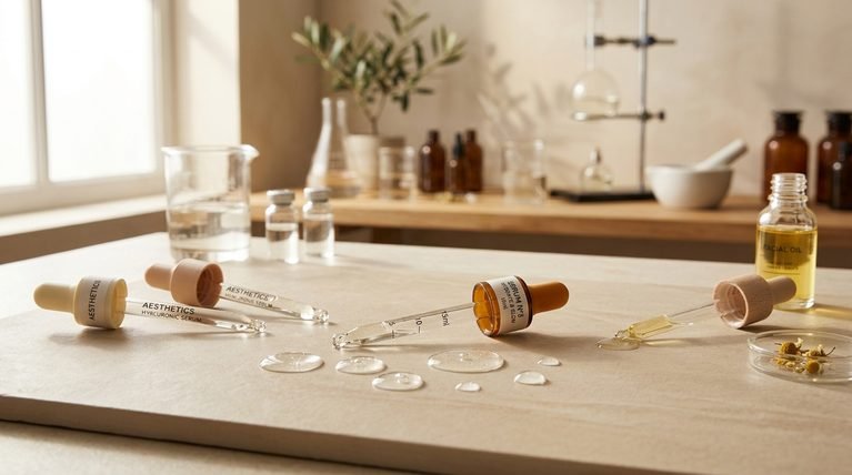 Clear skincare serum drops and glass dropper on a neutral slate surface
