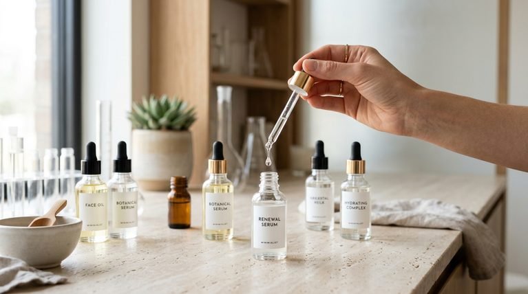 Clear glass serum dropper held over a minimalist cosmetic bottle on a beige stone surface