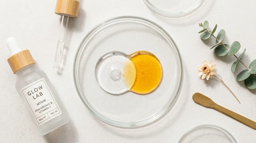 Close-up of two serum droplets merging on a clear glass plate.