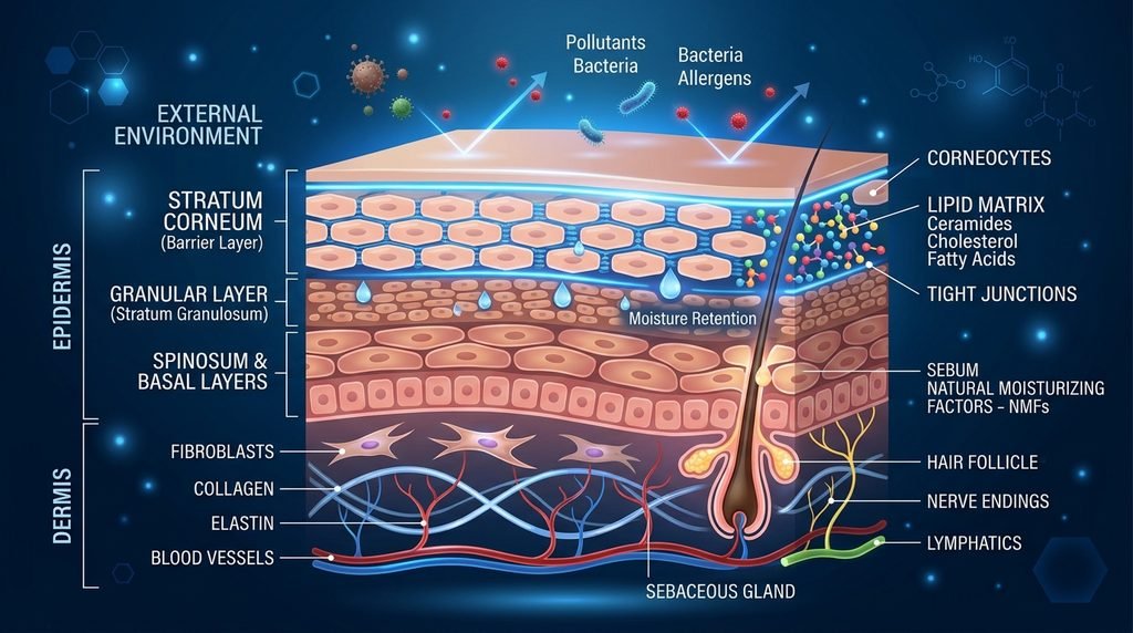 Conceptual visual of skin surface barrier layers illuminated by soft light.