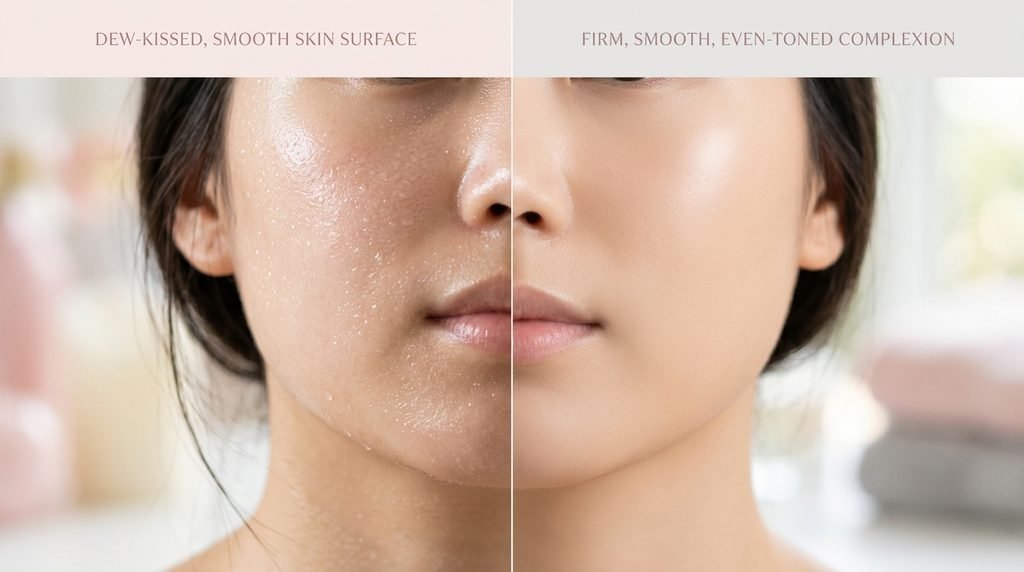 Conceptual split image showing immediate skin hydration versus long-term clarity.