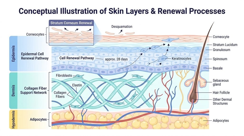 Conceptual scientific diagram showing epidermal layers and collagen structure
