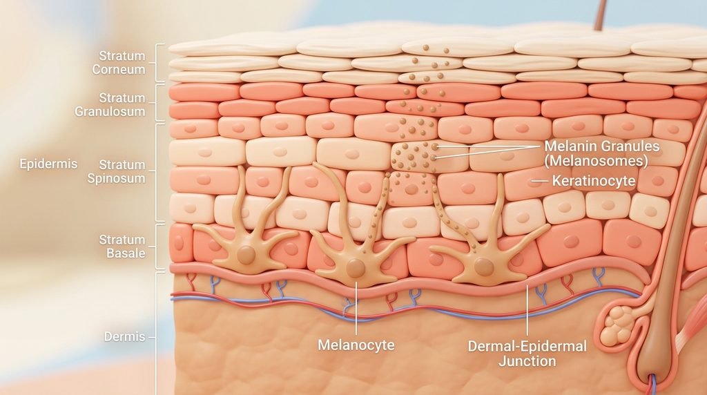 3D medical illustration showing melanocyte cells and pigment transfer in skin layers.