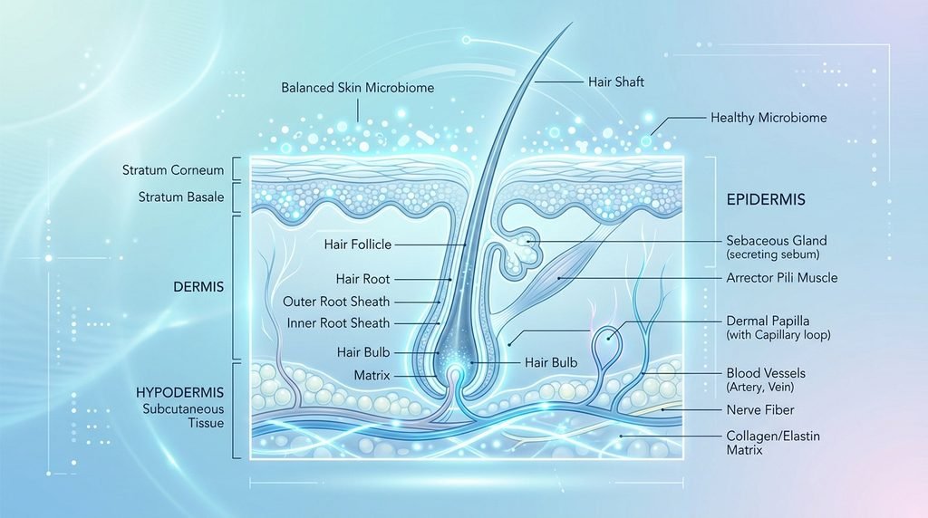 Conceptual clean illustration of hair follicle structure and skin surface layer.