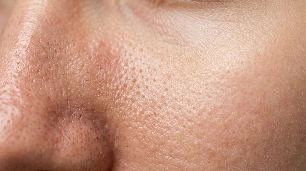 A close-up view of clear, smooth skin texture showing refined pores under soft lighting