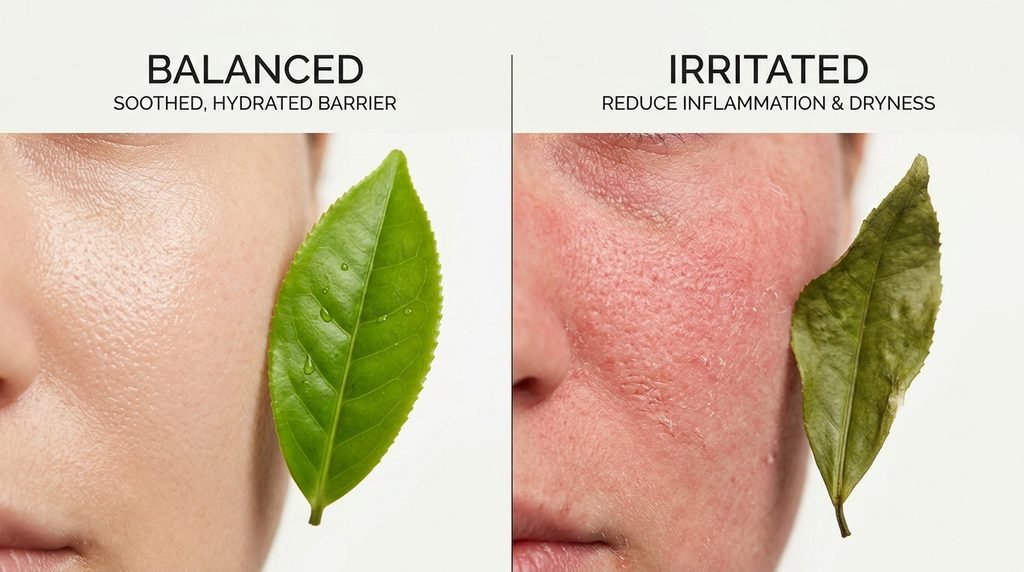 Smooth skin texture concept alongside a green tea leaf illustrating skin clarity.