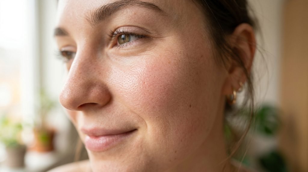 Detailed macro photography of natural, healthy, hydrated skin texture in natural daylight.