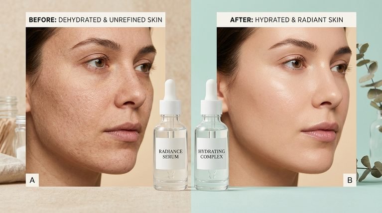 Side by side photo comparing dry skin texture and hydrated skin texture with serum bottles