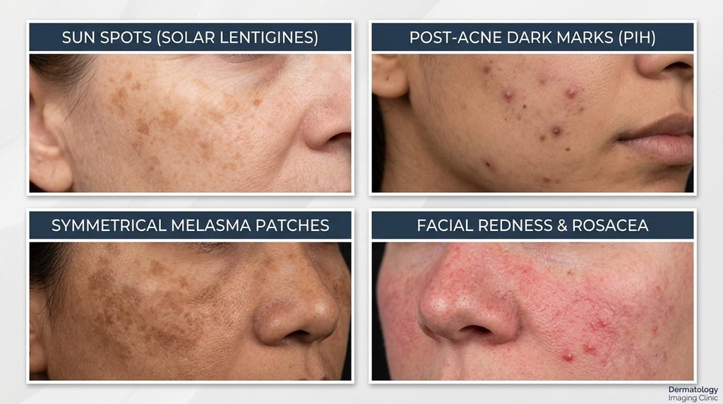 Comparison visual highlighting sun spots, post-acne marks, melasma, and skin redness.