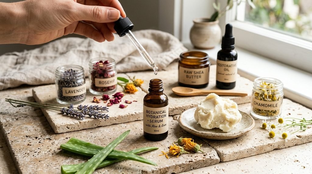 Skincare ingredients arrangement with pipette serum droplet and shea butter on stone