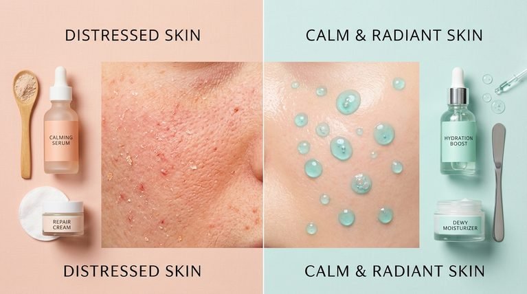 Flat-lay aesthetic concept comparing compromised irritated skin textures with healthy hydrated skin balance