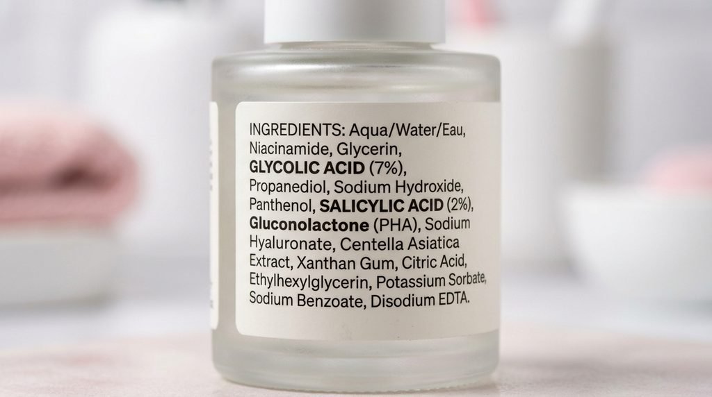 Macro close-up of a skincare product label highlighting glycolic and salicylic acid in the ingredients list.