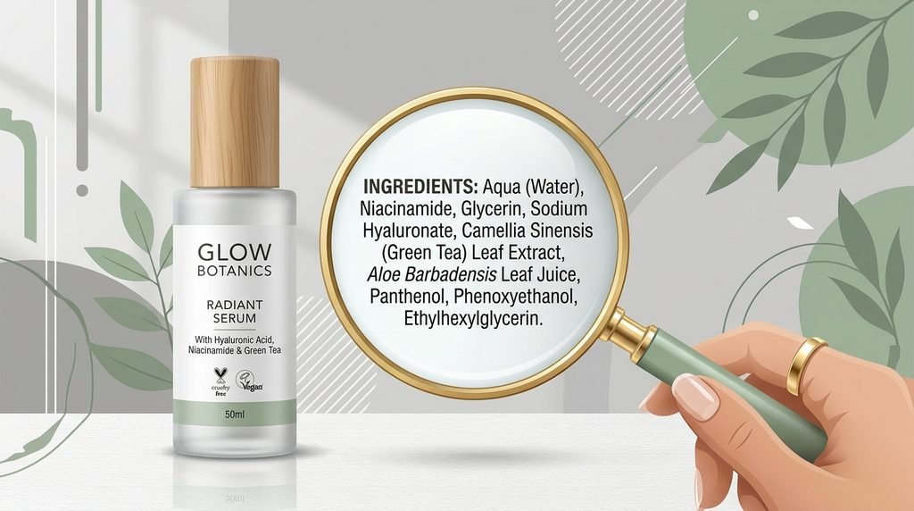 Magnifying glass resting next to a modern skincare bottle label