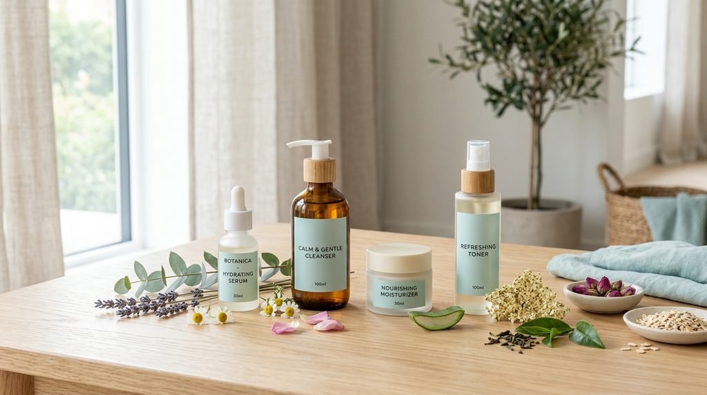 Minimalist skincare packaging and glass serum dropper arranged on a light surface