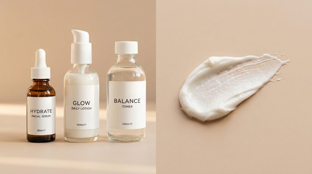 Minimalist skincare bottles and a smooth cream swatch on a beige surface.