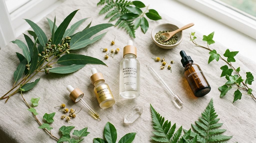 Skincare dropper bottles and liquid essence on a light linen surface with green leaves.