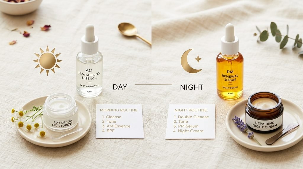 Minimalist flat-lay illustrating the concept of morning skin defense versus nighttime skin repair.