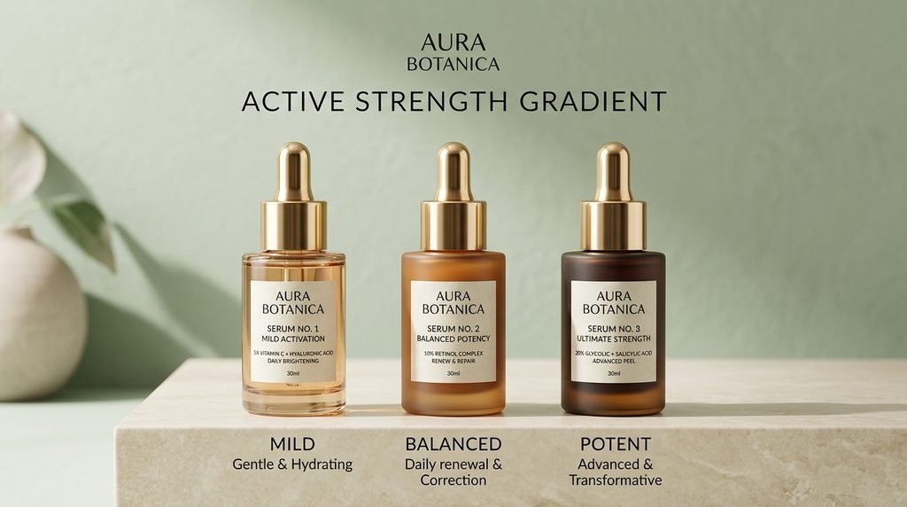 Three skincare dropper bottles lined up on a sage green background showing active strengths.