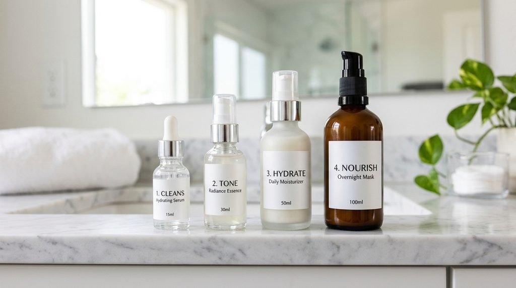 Four skincare bottles arranged in order of fluid consistency on a white marble surface.