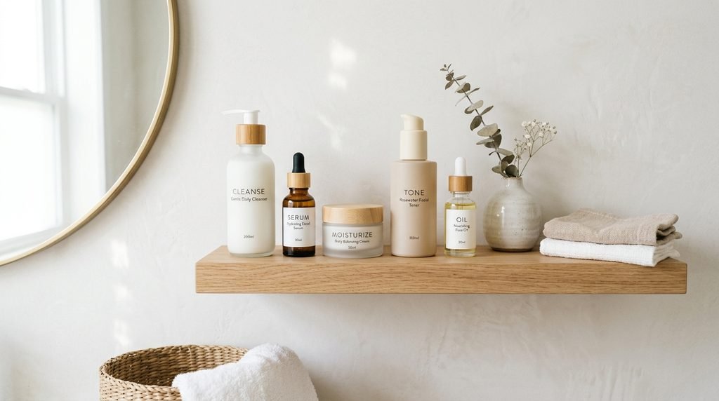 Skincare serum bottles resting on a floating oak wood shelf in a bright bathroom.