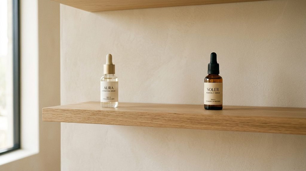 Minimalist bathroom shelf holding two sleek serum bottles in a clean layout.