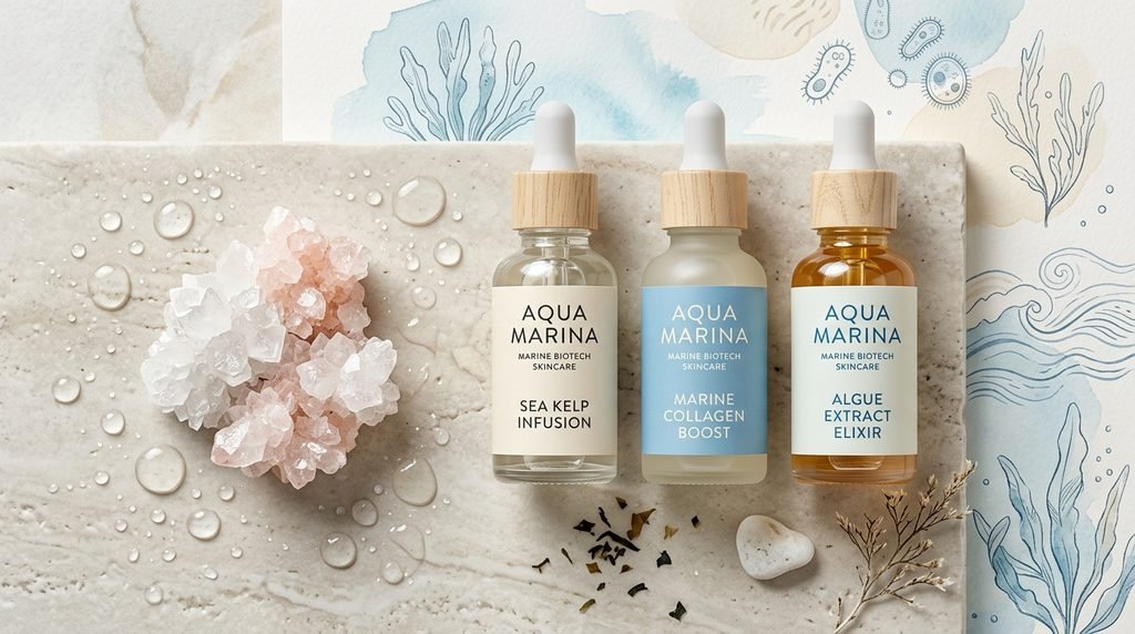 Skincare dropper bottle and crystal salt formations displayed on stone representing biotech ingredients.