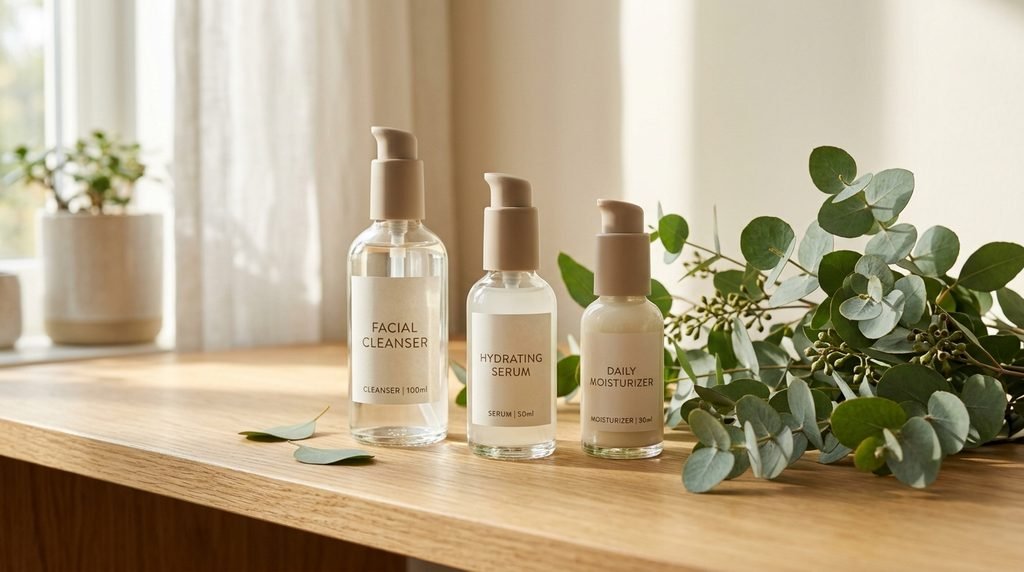 Minimalist glass skincare bottles resting on light wood with eucalyptus leaves in soft sunlight.