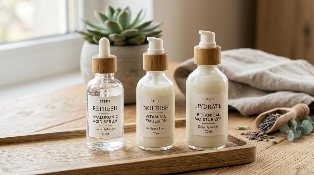Three skincare bottles arranged by product consistency on light wood