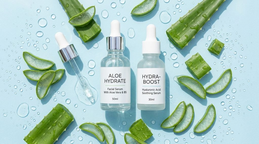 Two dropper bottles with fresh aloe vera slices on a pastel blue glass surface.