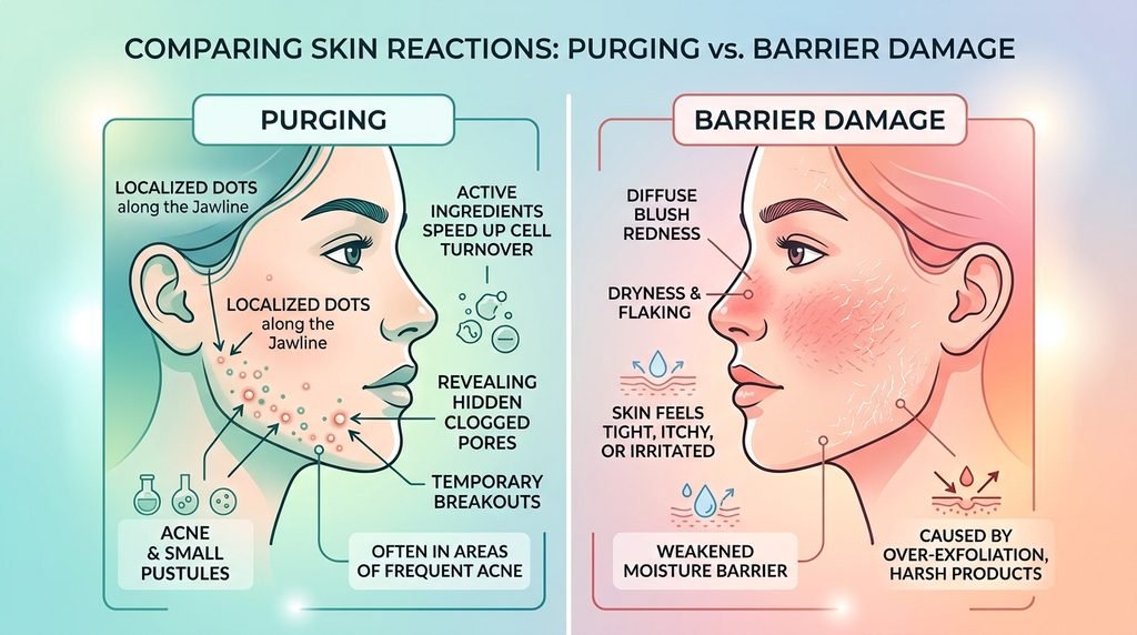 Side-by-side comparative diagram illustrating the differences between skin purging and barrier damage