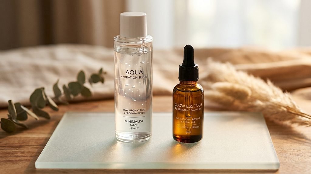 Clear essence bottle next to an amber glass ampoule dropper bottle on frosted glass.