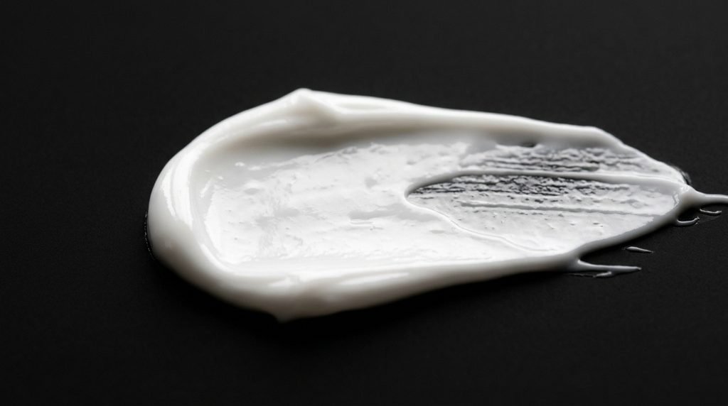 A textured swatch of white skincare cream on a minimalist beige background