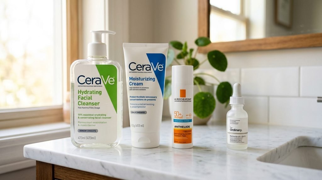 Lineup of basic skincare products isolating one new serum bottle