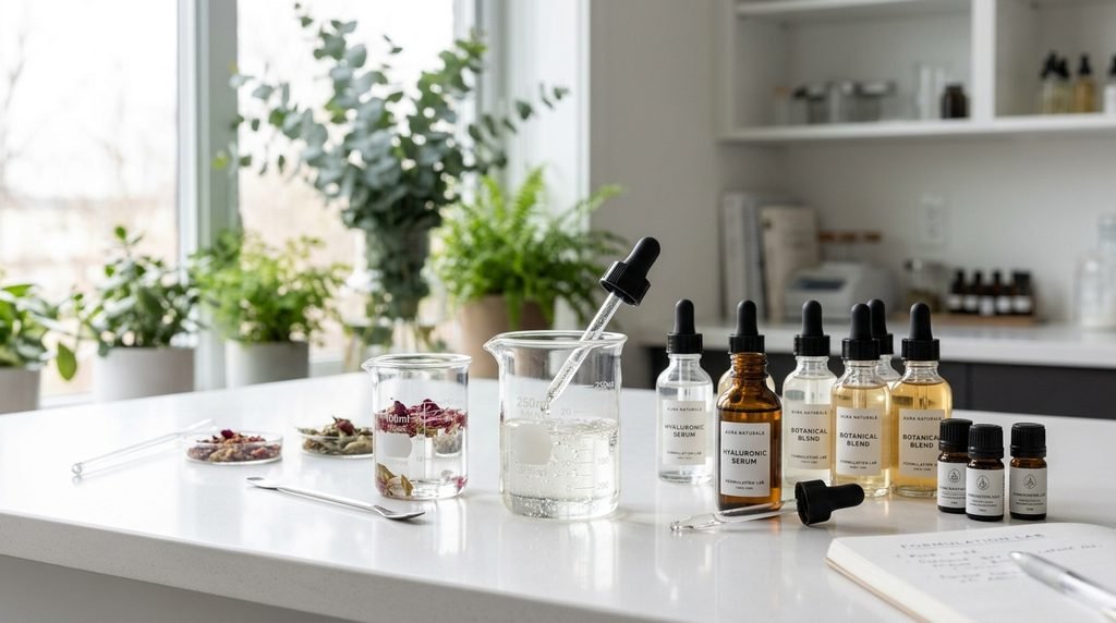 Glass skincare formulation beakers and droppers on a white counter