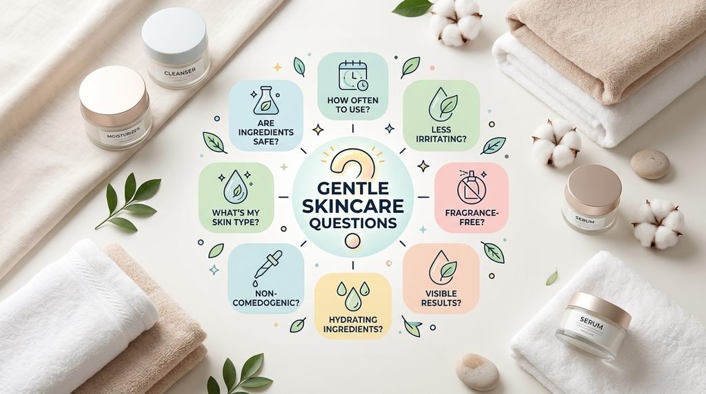 Skincare jars and question icon illustration on a light background.