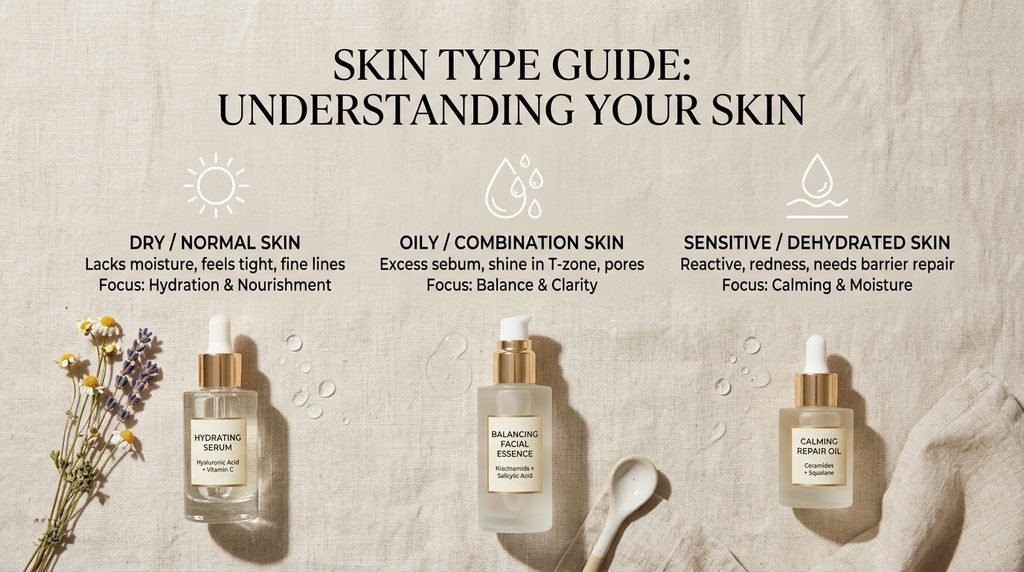 Flatlay array of skincare product bottles and minimalist balance icons on linen
