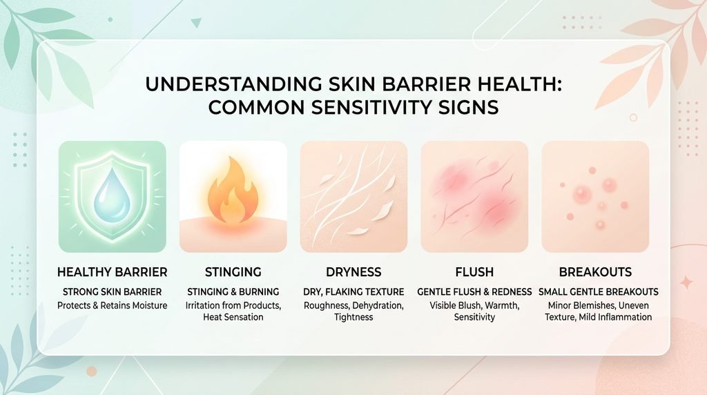 Minimalist icon illustration highlighting five common signs of skin barrier damage