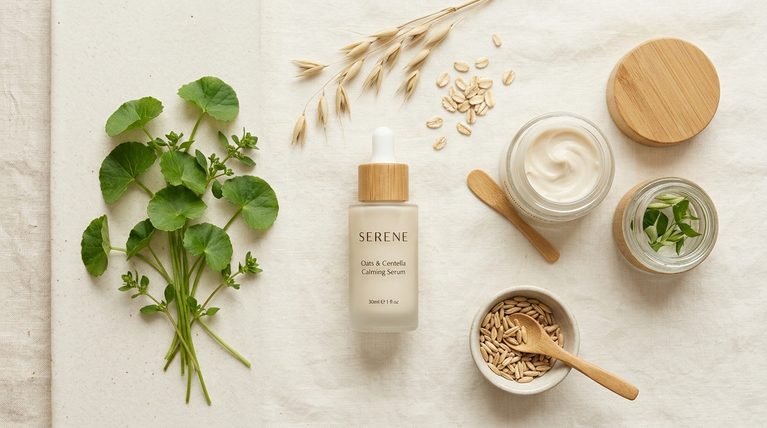 A flat-lay of soothing skincare products alongside Centella Asiatica leaves and oats.